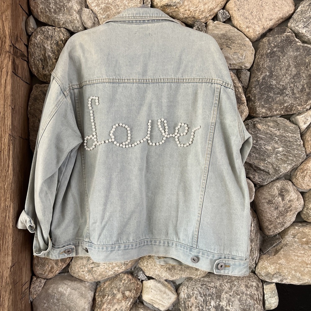 POL Size M Denim Oversized Pearl Embellished‎ Love Jean Jacket